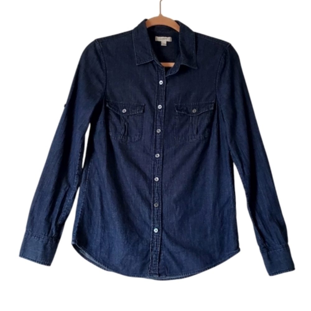 Blue‎ Jean Look Button Down Shirts Cotton Pull Tab Sleeves Size 2 Tops Pre-owned